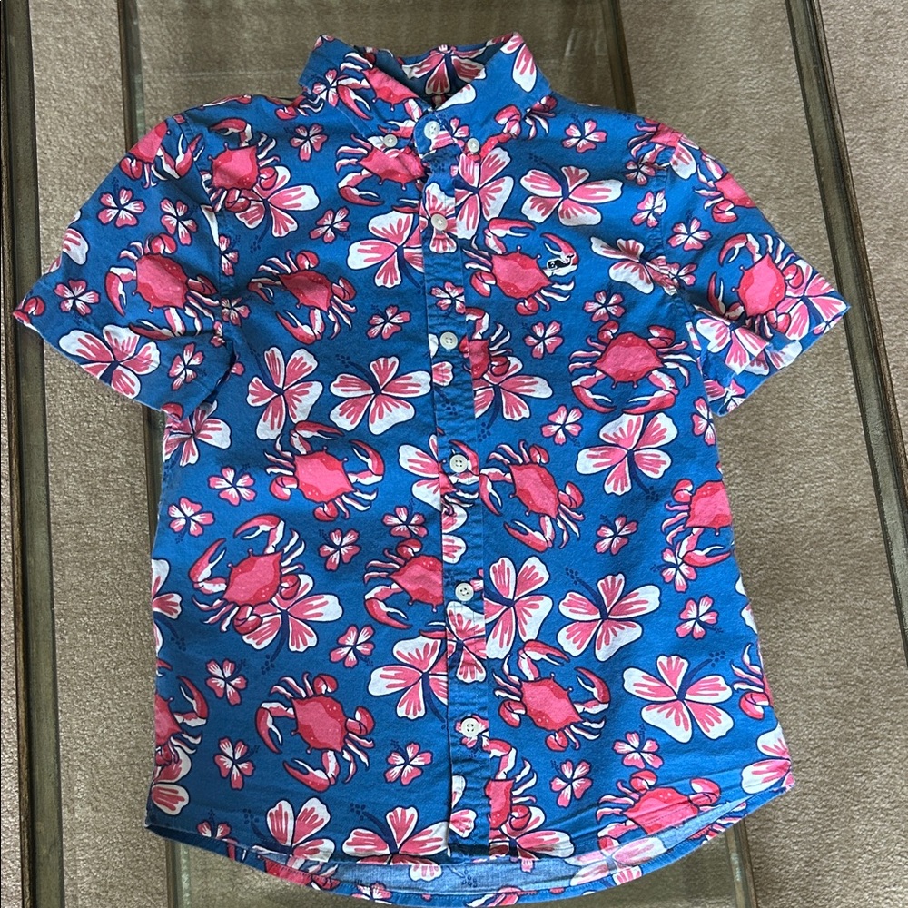 Vineyard Vines Kids Blue and Pink Crab Floral Shirt